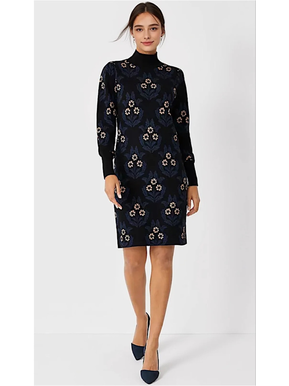 Ann Taylor Metallic Floral Mockneck Sweater Dress
